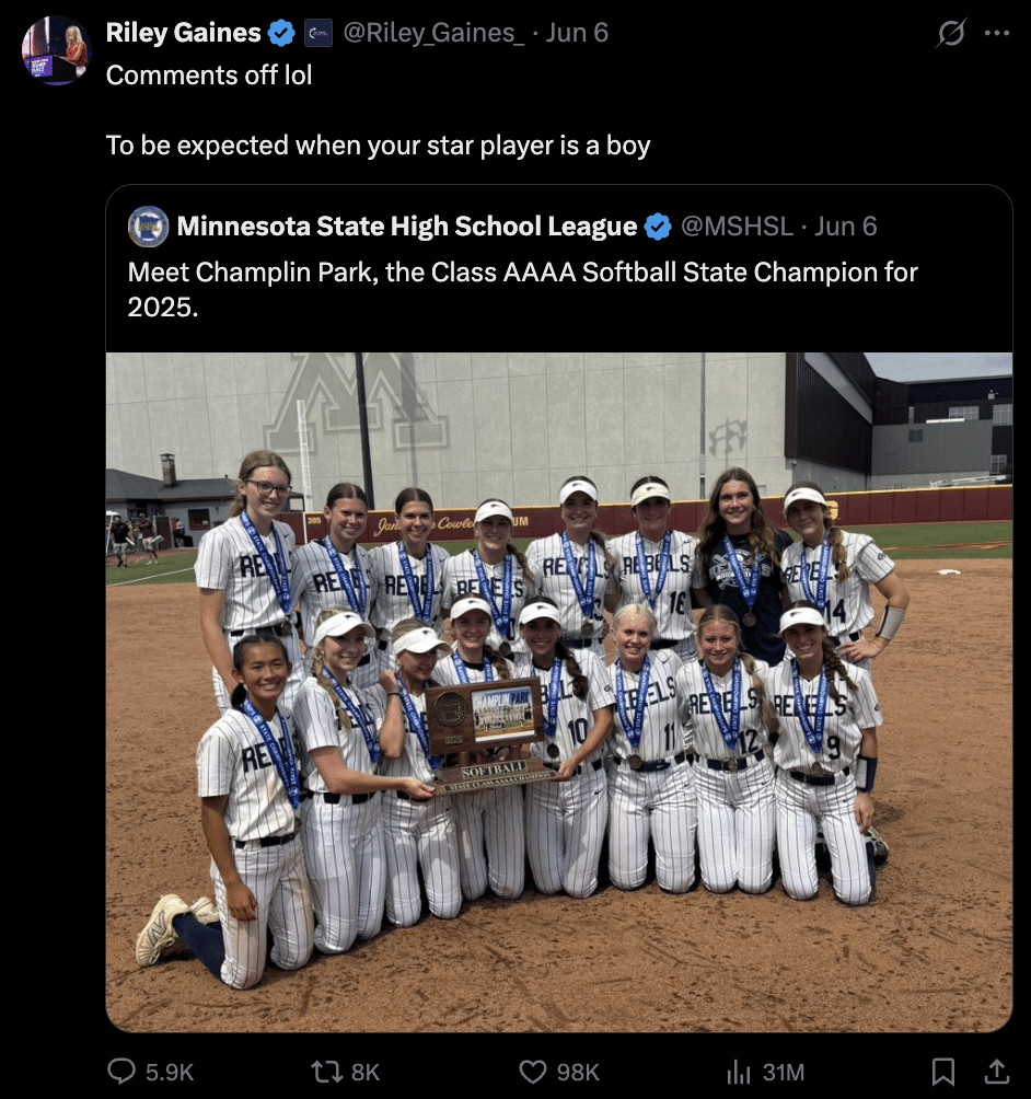 Riley Gaines reacts to Minnesota State Softball Championship team's win