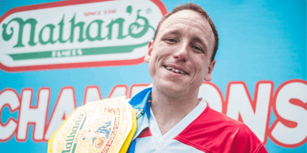 Joey Chestnut competes at Nathan's Famous Hot Dog Eating Contest