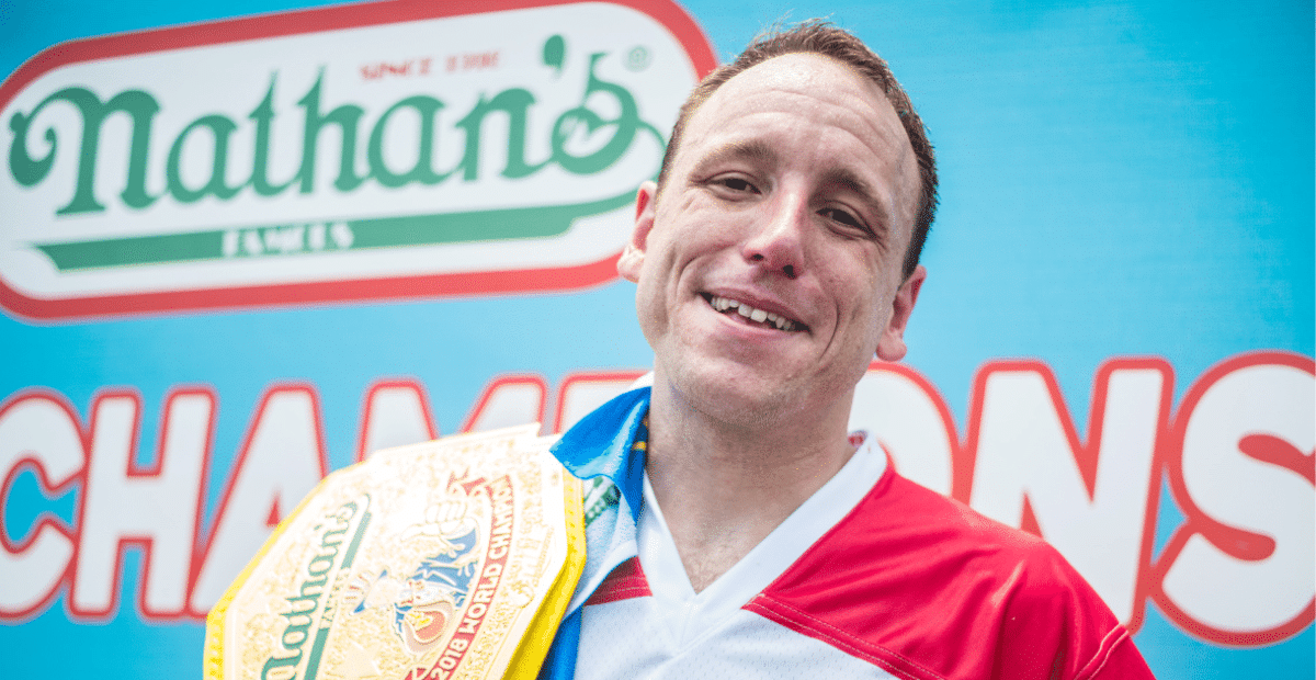 Joey Chestnut competes at Nathan's Famous Hot Dog Eating Contest