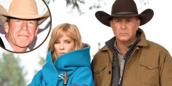 Taylor Sheridan, who created Yellowstone, and Kelly Reilly and Kevin Costner as Beth and John Dutton in the show.