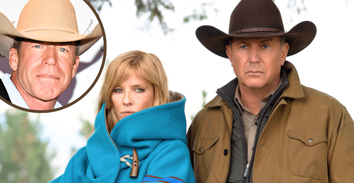 Taylor Sheridan, who created Yellowstone, and Kelly Reilly and Kevin Costner as Beth and John Dutton in the show.