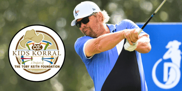 Toby Keith playing golf, and the logo for the OK Kids Korral, which benefits from his Toby Keith & Friends Golf Classic