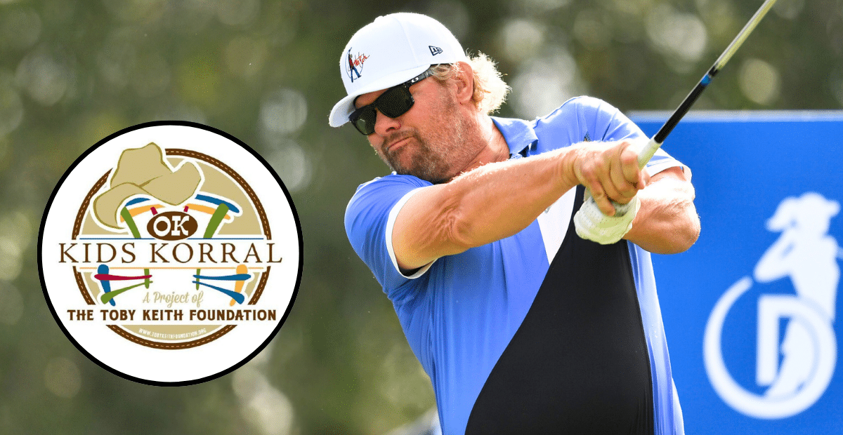 Toby Keith playing golf, and the logo for the OK Kids Korral, which benefits from his Toby Keith & Friends Golf Classic