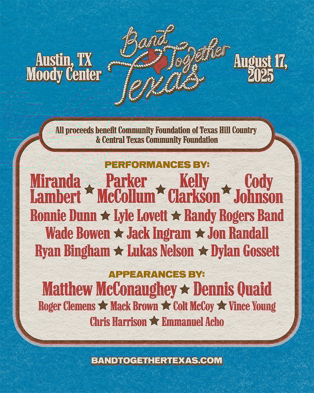 lineup for "band together texas" benefit concert