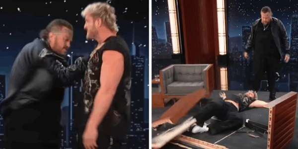 Jelly Roll slams Logan Paul into a desk during Jimmy Kimmel Live! hosting gig
