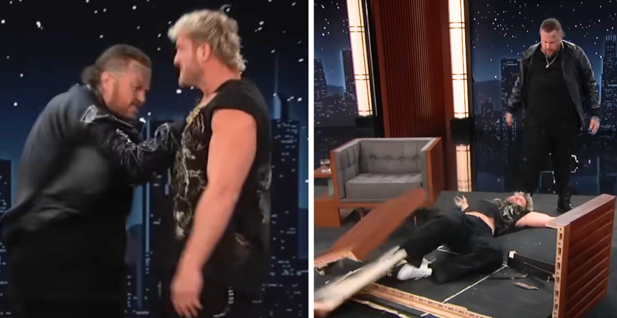 Jelly Roll slams Logan Paul into a desk during Jimmy Kimmel Live! hosting gig