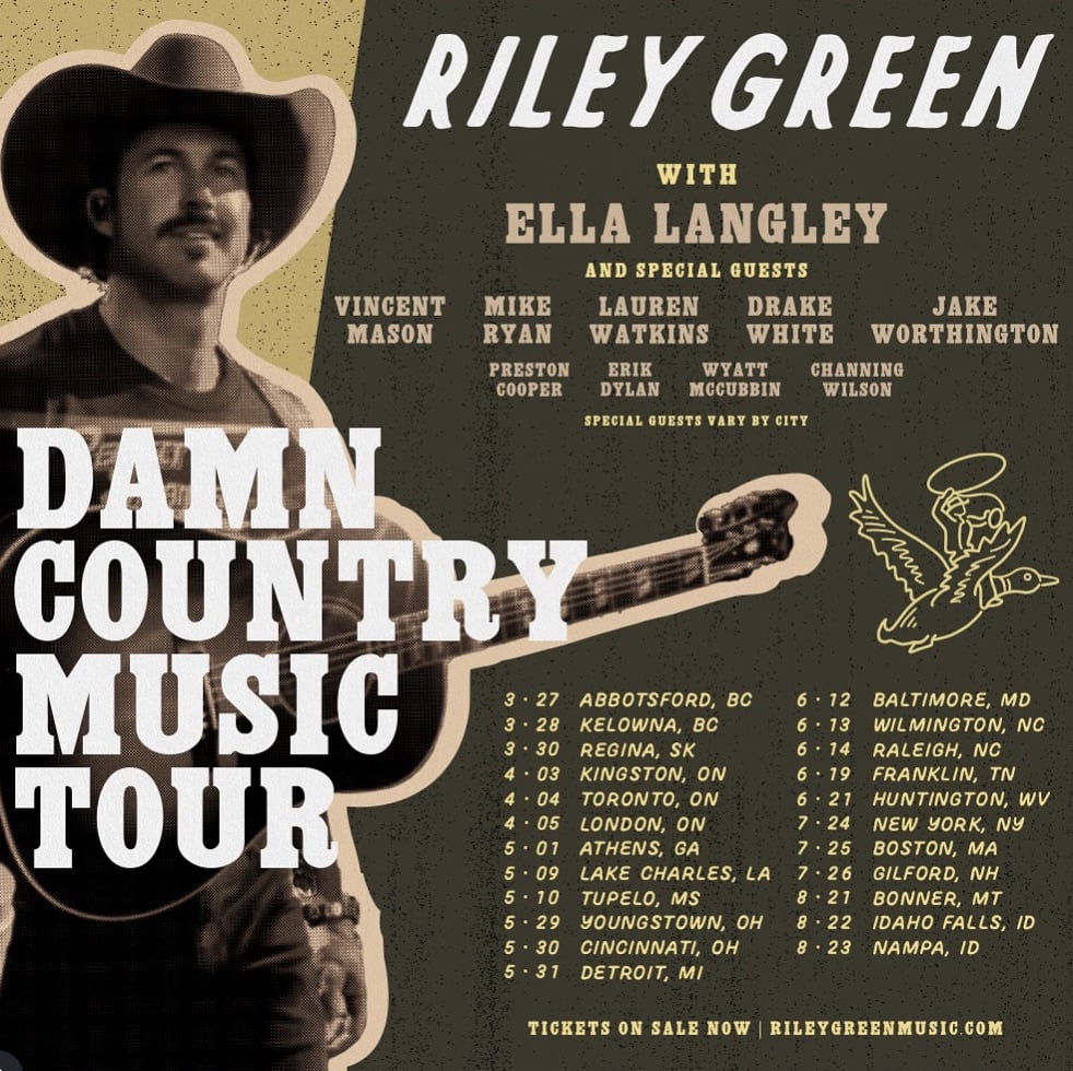 Tour poster for Riley Green's Damn Country Music Tour (Photo Credit: Riley Green / Instagram)