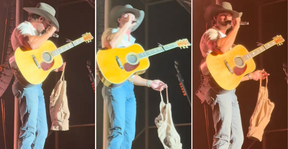 Riley Green picks up Spanx thrown on stage at a recent show