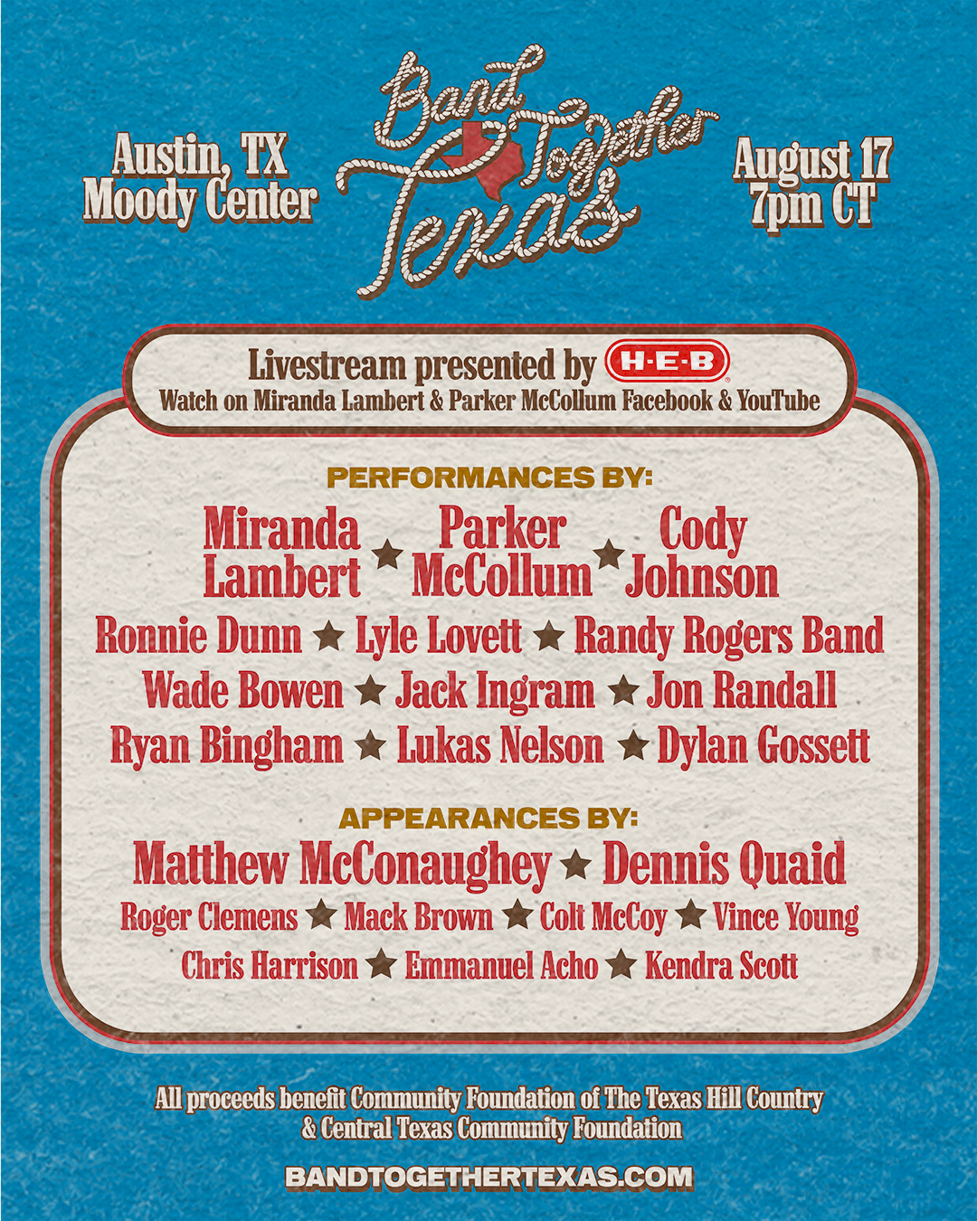 The lineup for the Band Together Texas benefit concert, led by Miranda Lambert and Parker McCollum