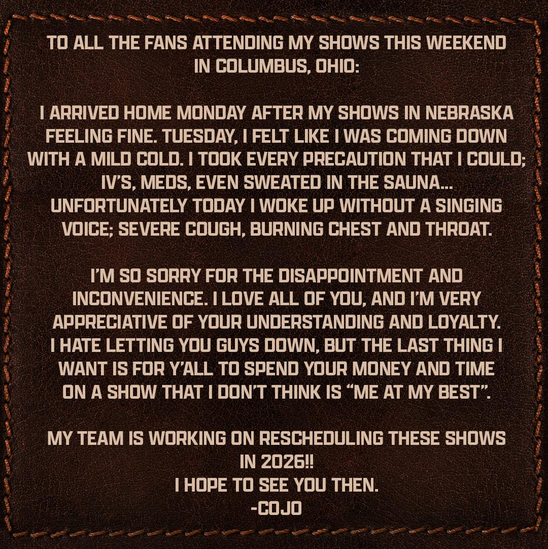 Cody Johnson reveals he has to postpone two shows due to illness
