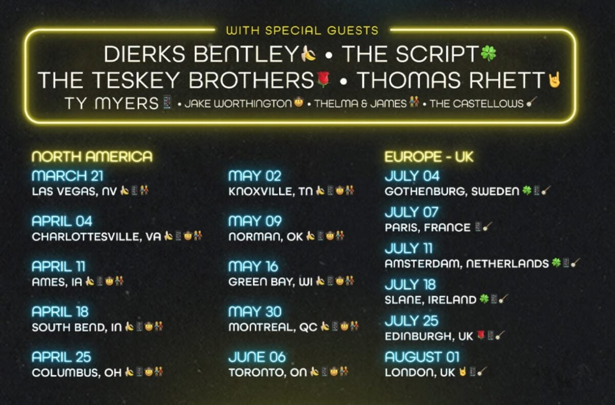 Dierks Bentley, The Script, The Teskey Brothers, Thomas Rhett, Ty Myers, Jake Worthington, Thelma & James, and The Castellows are joining Luke Combs on tour