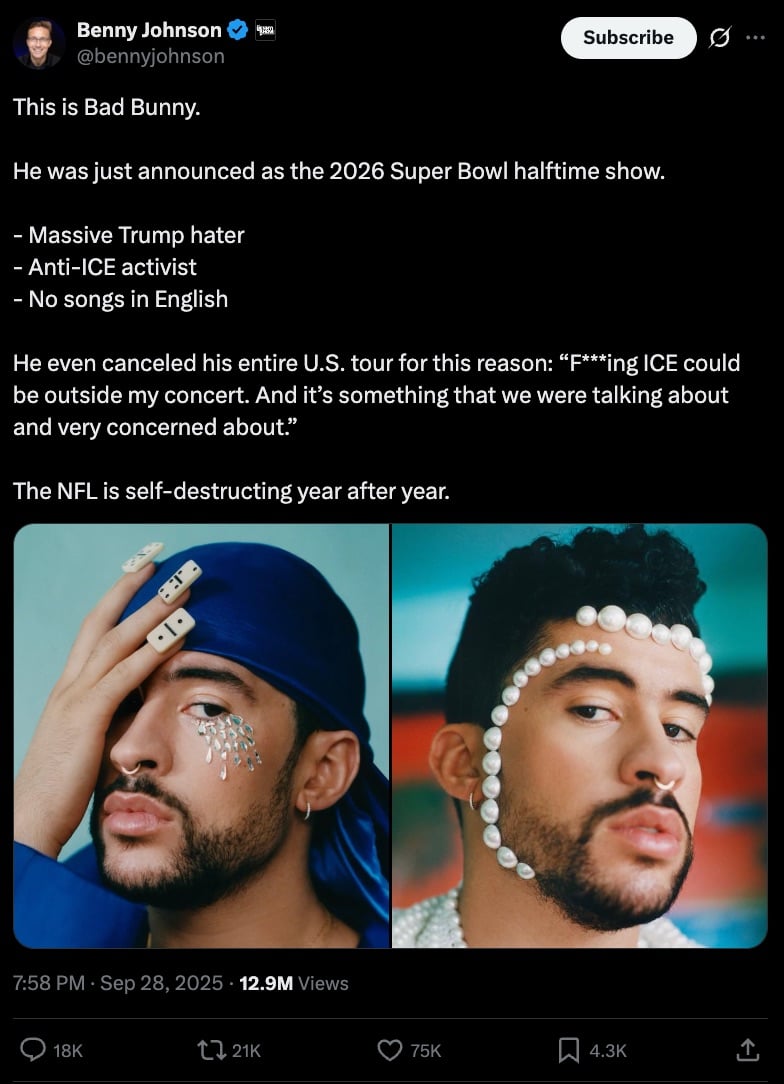 Benny Johnson's X post following Bad Bunny's Super Bowl announcement