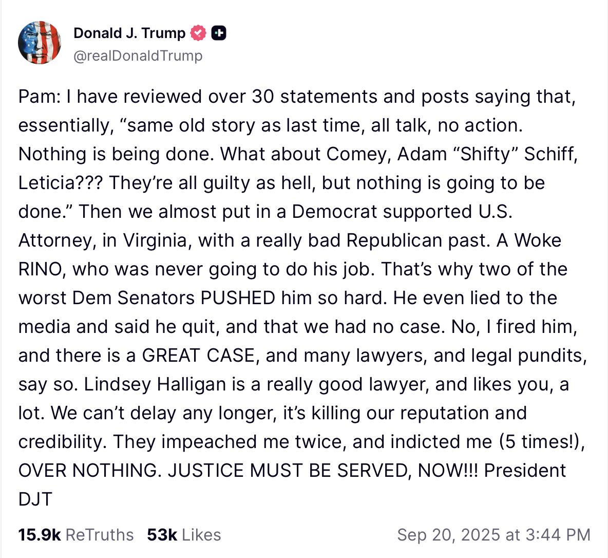 Donald Trump Calls For Pam Bondi To Prosecute James Comey