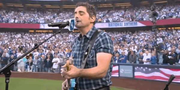 Brad Paisley performs the national anthem before Game 3 of the 2025 World Series