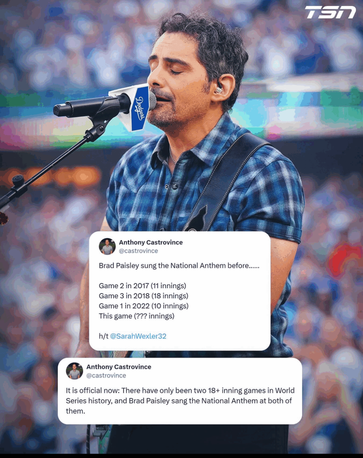 Brad Paisley has performed the national anthem before both 18+inning World Series games in history