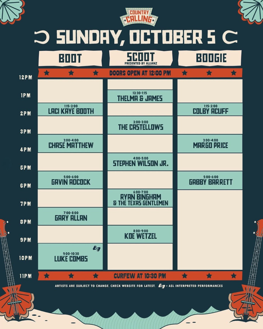 Country Calling Lineup Schedule for Sunday, October 5