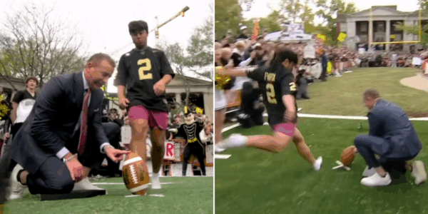 Vanderbilt student Tyler Hwang kicks during ESPN's College GameDay