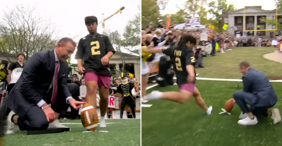 Vanderbilt student Tyler Hwang kicks during ESPN's College GameDay