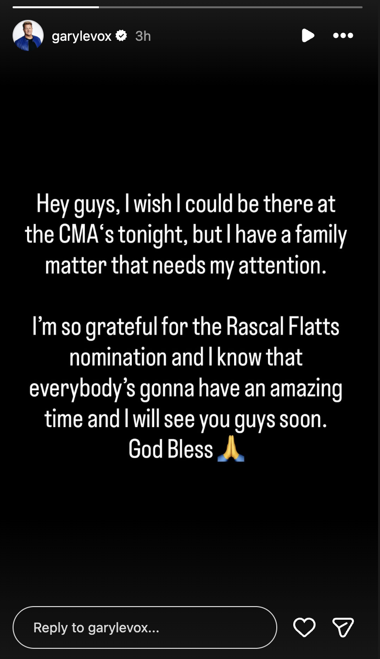 Gary LeVox reveals he won't be at 2025 CMA Awards.