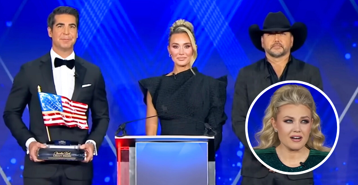 Jesse Waters, Brittany Aldean, and Jason Aldean present Erika Kirk with the Charlie Kirk Legacy Award At Patriot Awards