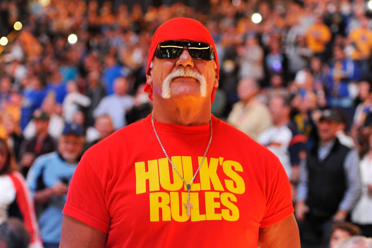 Hulk Hogan stands at center court before the start of the Warriors vs. Brooklyn Nets game at Oracle Arena in Oakland, Calif., on Thursday, Nov. 13, 2014.