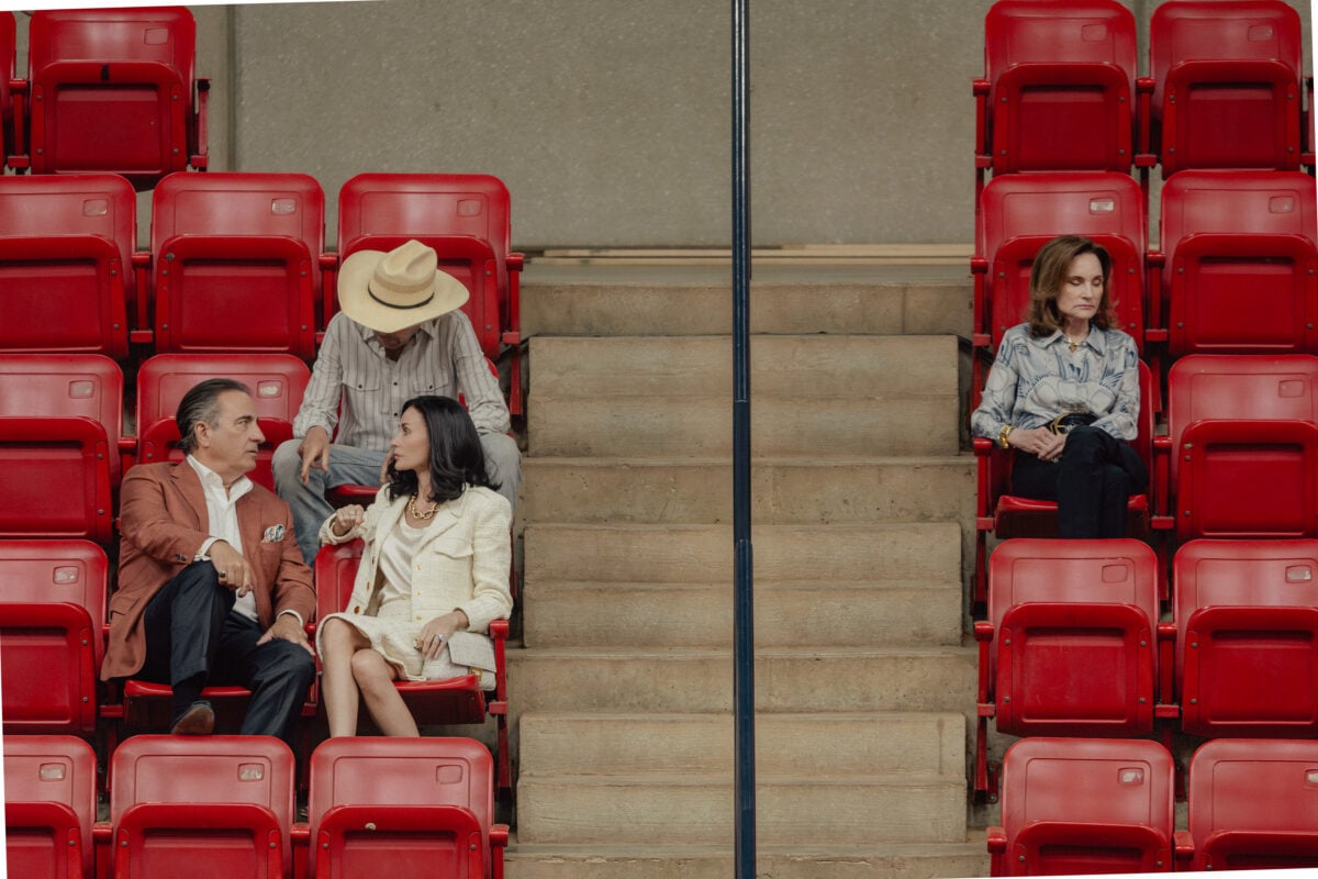 Andy Garcia as Gallino, Billy Bob Thornton as Tommy Norri,s and Demi Moore as Cami Miller in Landman episode 6, season 2, streaming on Paramount+. 