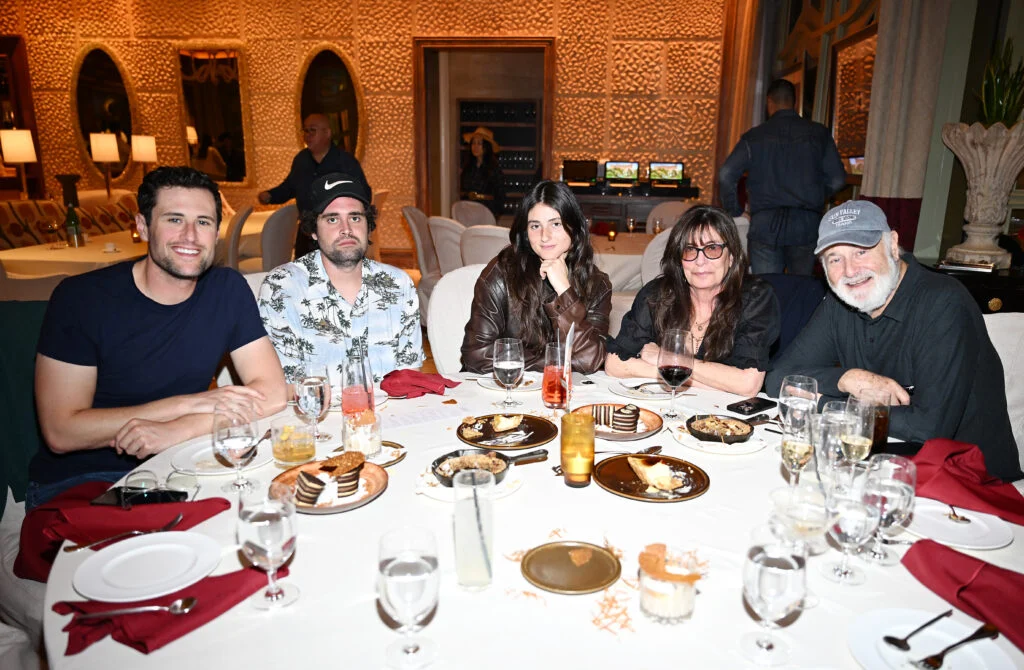 Jake Reiner, Nick Reiner, Romy Reiner, Michele Singer Reiner and Rob Reiner attend Four Sixes Ranch Steakhouse pop-up grand opening at Wynn Las Vegas