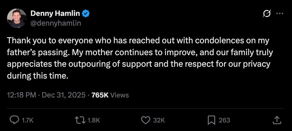 NASCAR Driver Denny Hamlin breaks his silence after a house fire at his parents' house