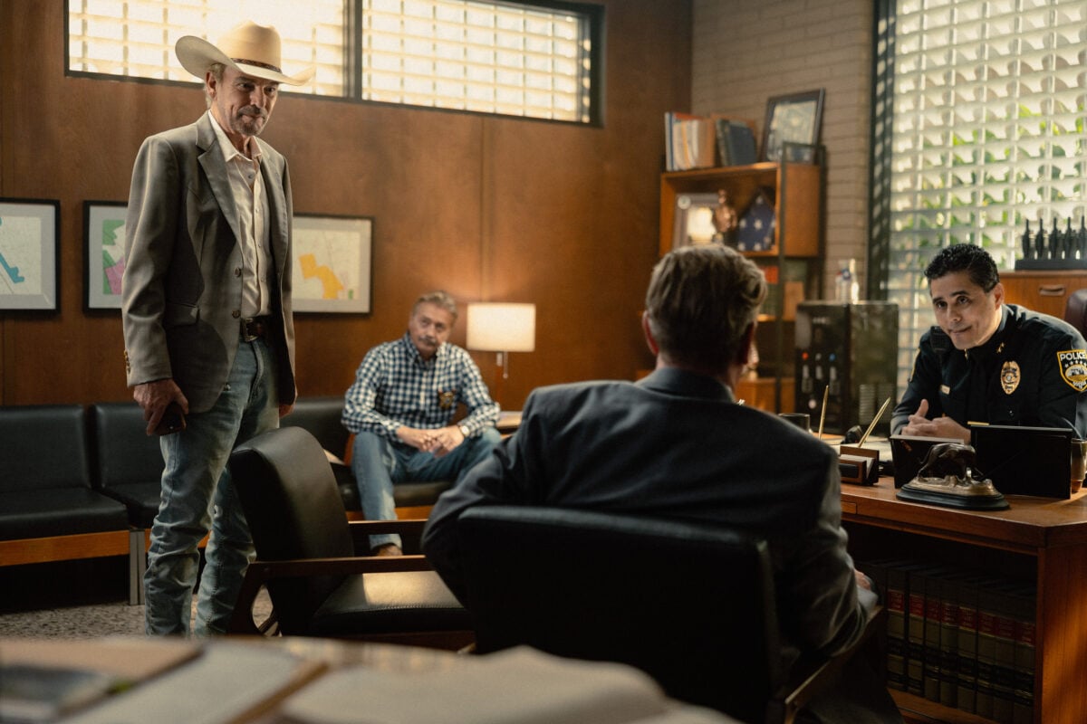 Billy Bob Thornton as Tommy and Mark Collie as Sheriff Joeberg in Landman episode 10, season 2, streaming on Paramount+. 