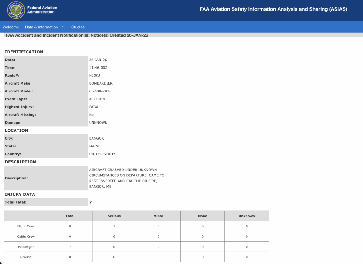 FAA releases incident report for fatal private jet crash in Bangor, Maine.