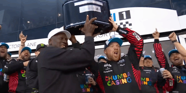 23XI Racing owner Michael Jordan and driver Tyler Reddick celebrate winning the Dayton 500