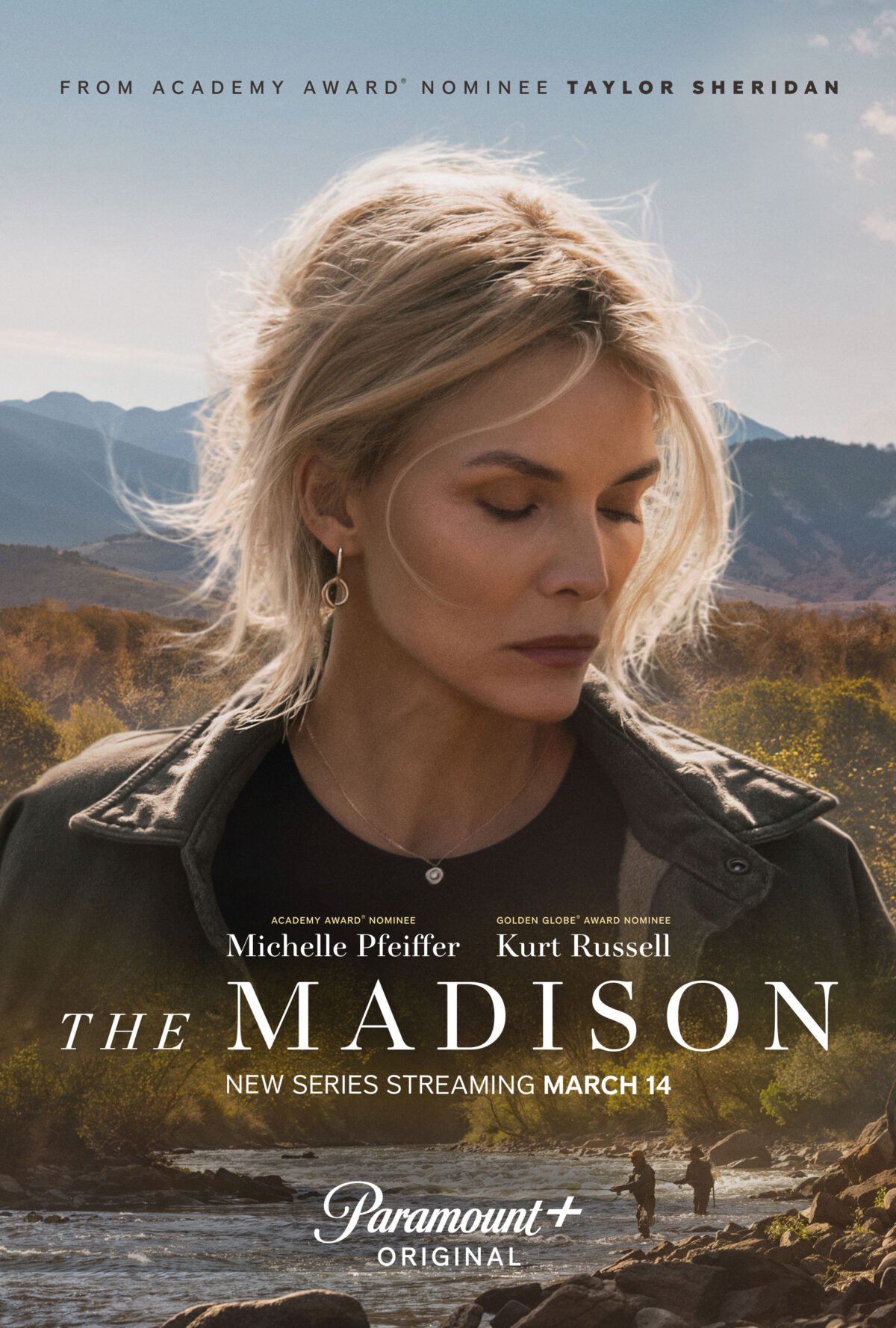 Key Art for The Madison Season 1, featuring Michelle Pfeiffer as Stacy Clyburn, Kurt Russell as Preston Clyburn and Matthew Fox as Paul Clyburn, streaming on Paramount+ 2026.
