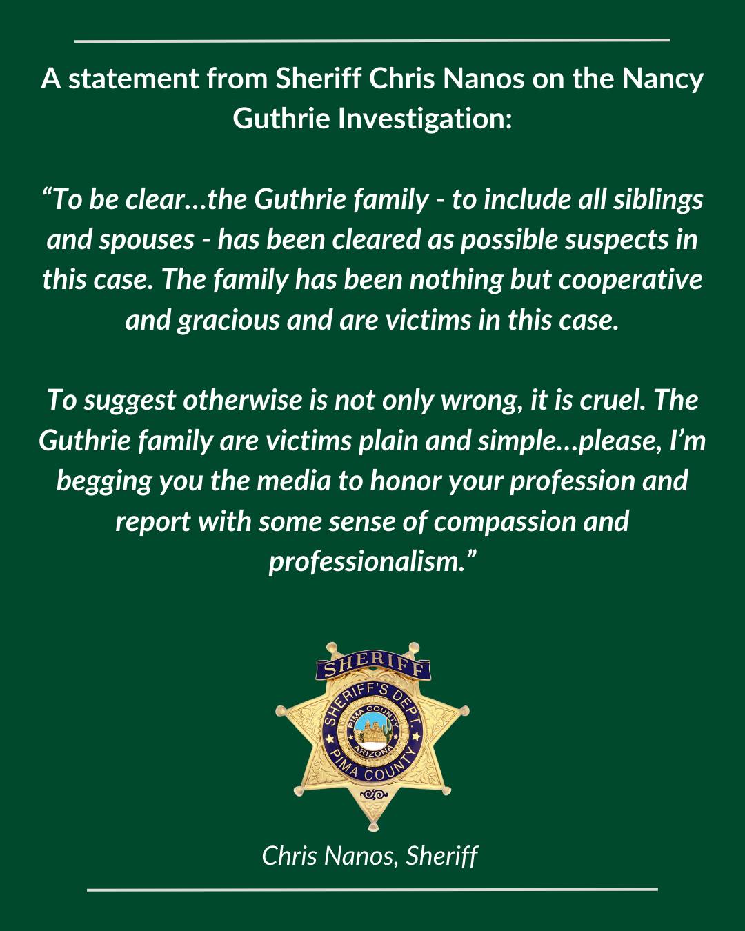 Statement from Pima County Sheriff on Nancy Guthrie Case