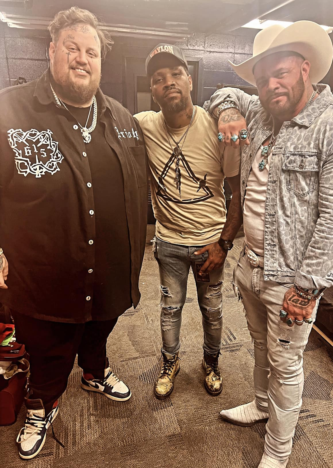 Jelly Roll, Kareem L. Thompson, and Struggle Jennings during the "Backroad Baptism" Tour in 2023
