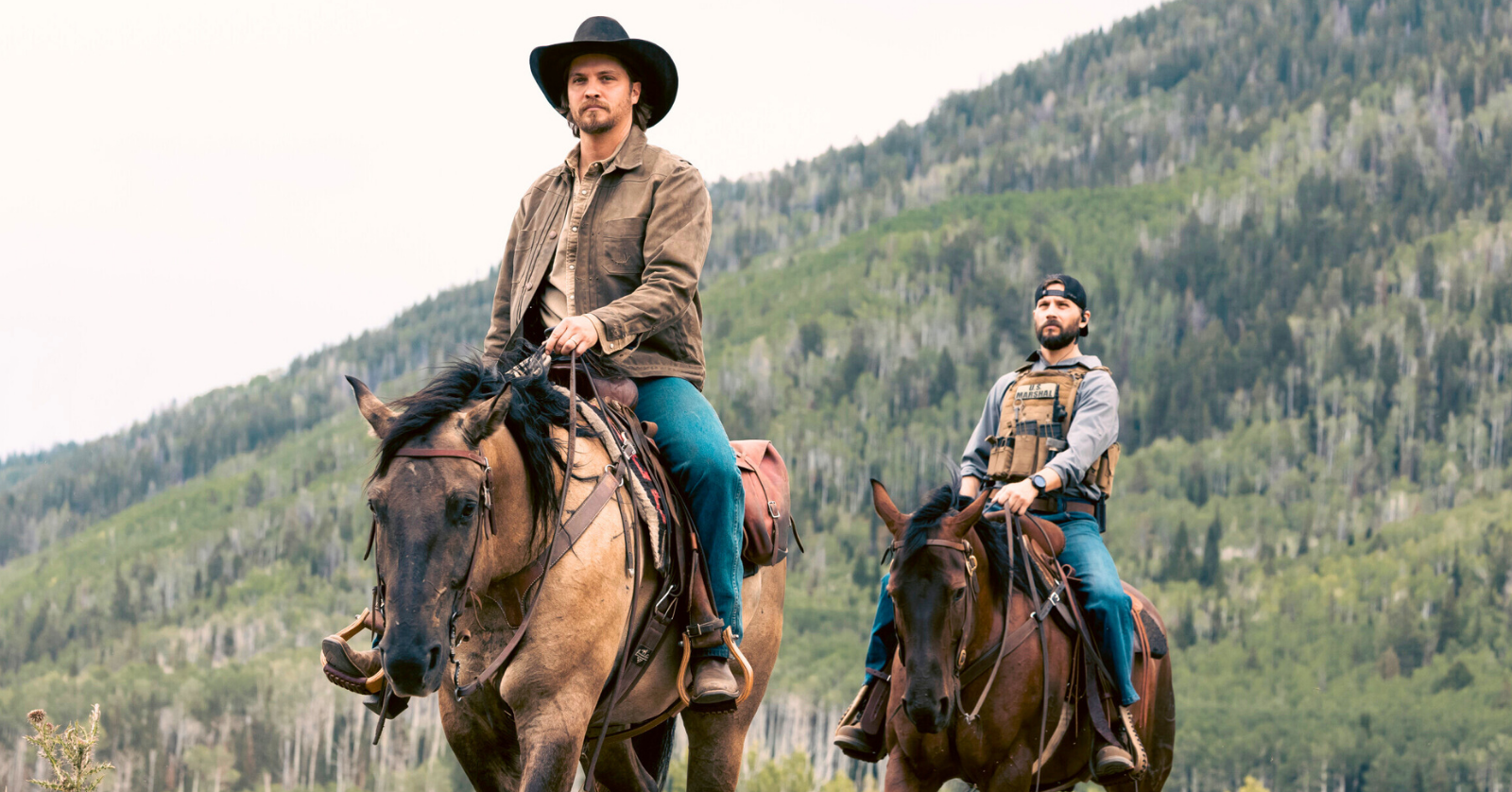 Luke Grimes as Kayce Dutton and Logan Marshall-Green as Pete Calvin in "Marshals"