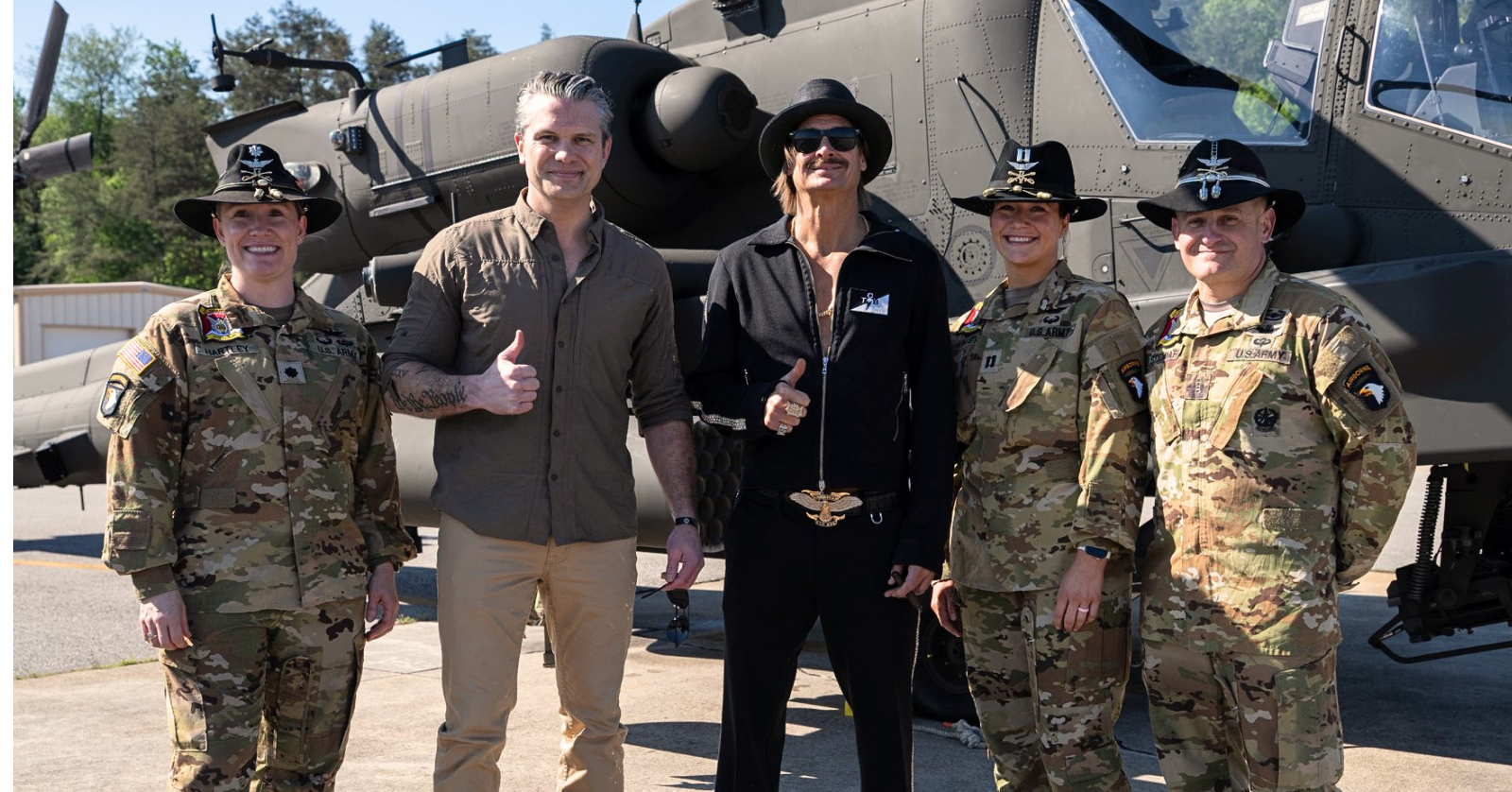 One month ago, Kid Rock had shared a controversial video of an Army helicopter flyby at his mansion. Now, he's on an official visit with helicopter pilots at the Department of War...