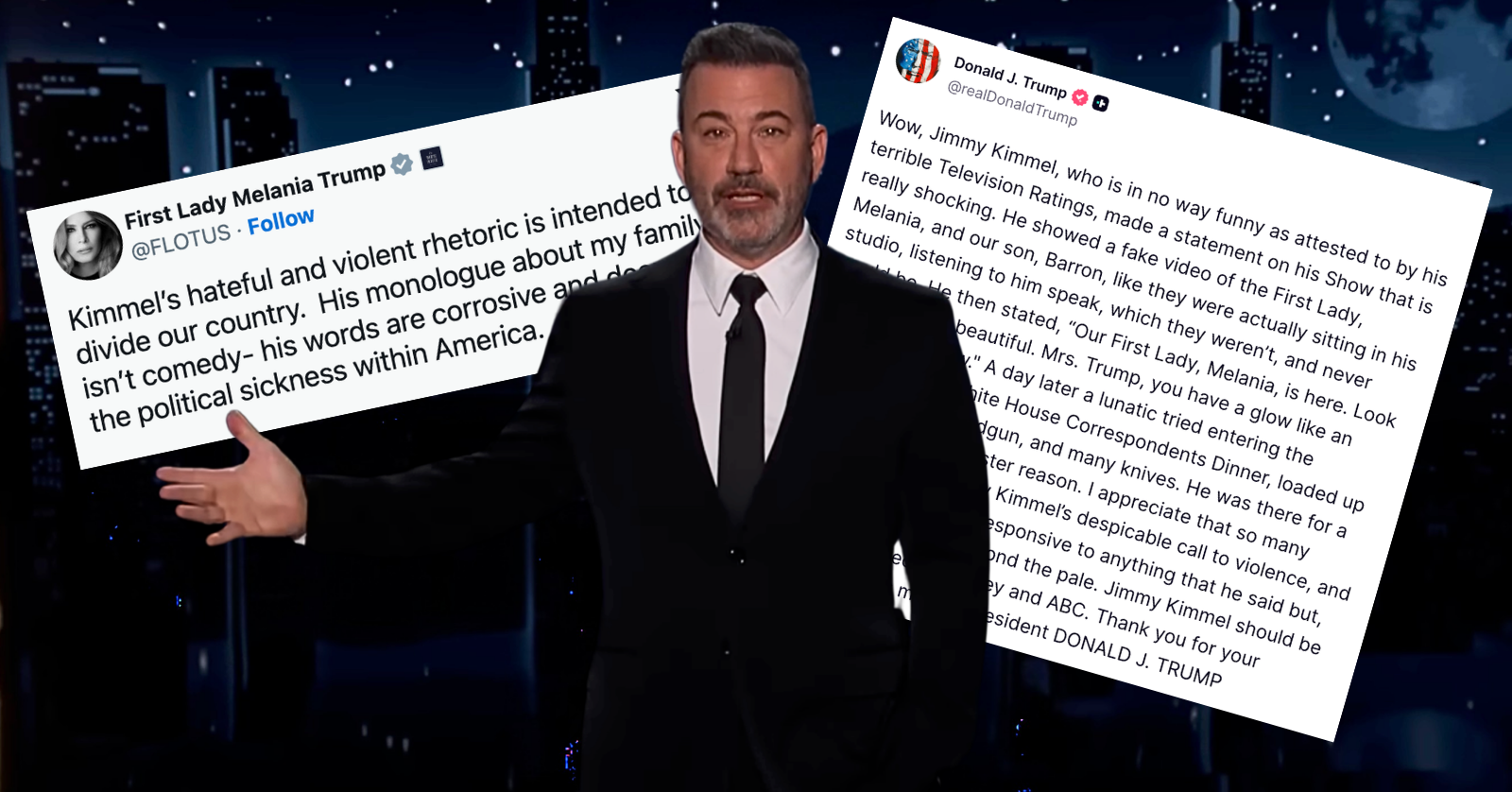 On April 27, comedian Jimmy Kimmel responded to statements issued by President Trump and First Lady Melania Trump calling for him to be fired after off-color joke.
