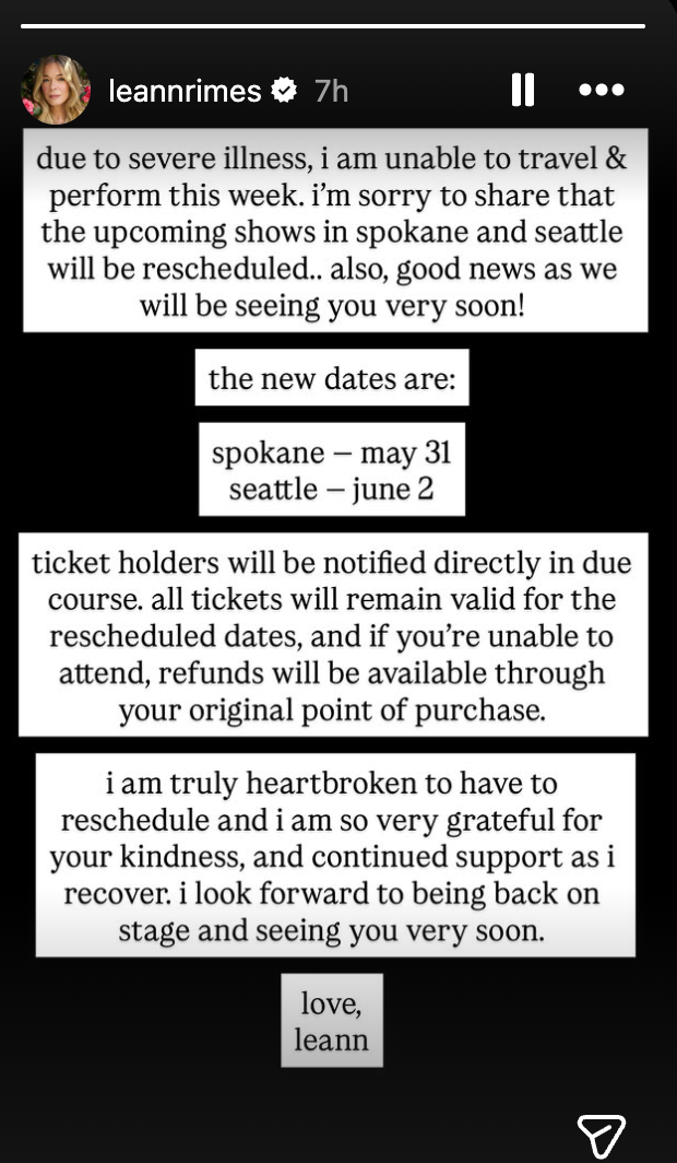 LeAnn Rimes postpones two tour dates due to "severe illness"