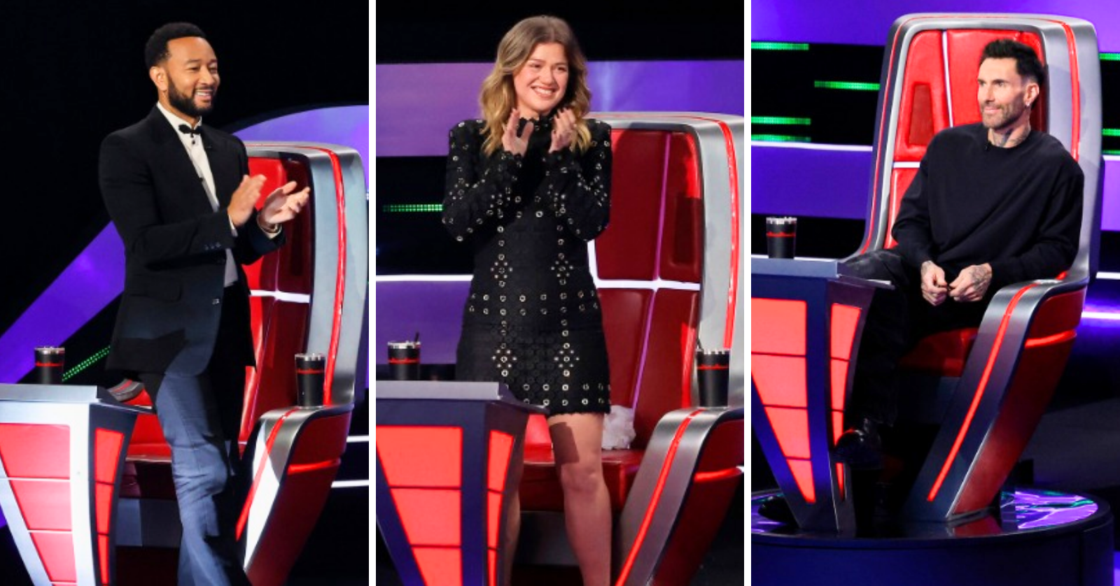 John Legend, Kelly Clarkson, and Adam Levine compete in the All-Star Showdown