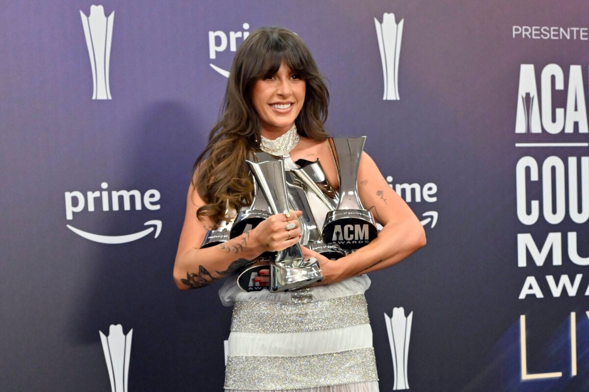 Ella Langley poses with her awards in the press room after a massive sweep at the 2026 ACM Awards in Las Vegas.