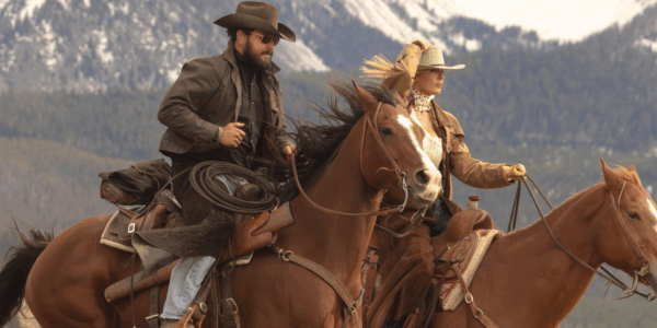 Cole Hauser and Kelly Reilly as Beth Dutton and Rip Wheeler riding horses in the Yellowstone spin-off Dutton Ranch, which broke the record for the biggest series premiere on Paramount+