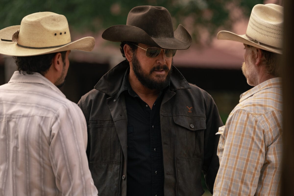 (L-R): J.R. Villarreal as Azul, Cole Hauser as Rip Wheeler, and Marc Menchaca as Zachariah in season 1, episode 6, of Dutton Ranch streaming on Paramount+, 2026. 