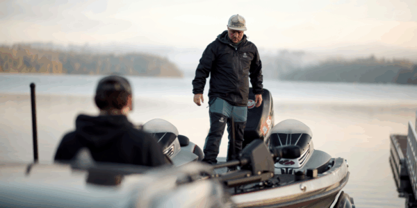 two men in a bass fishing boat