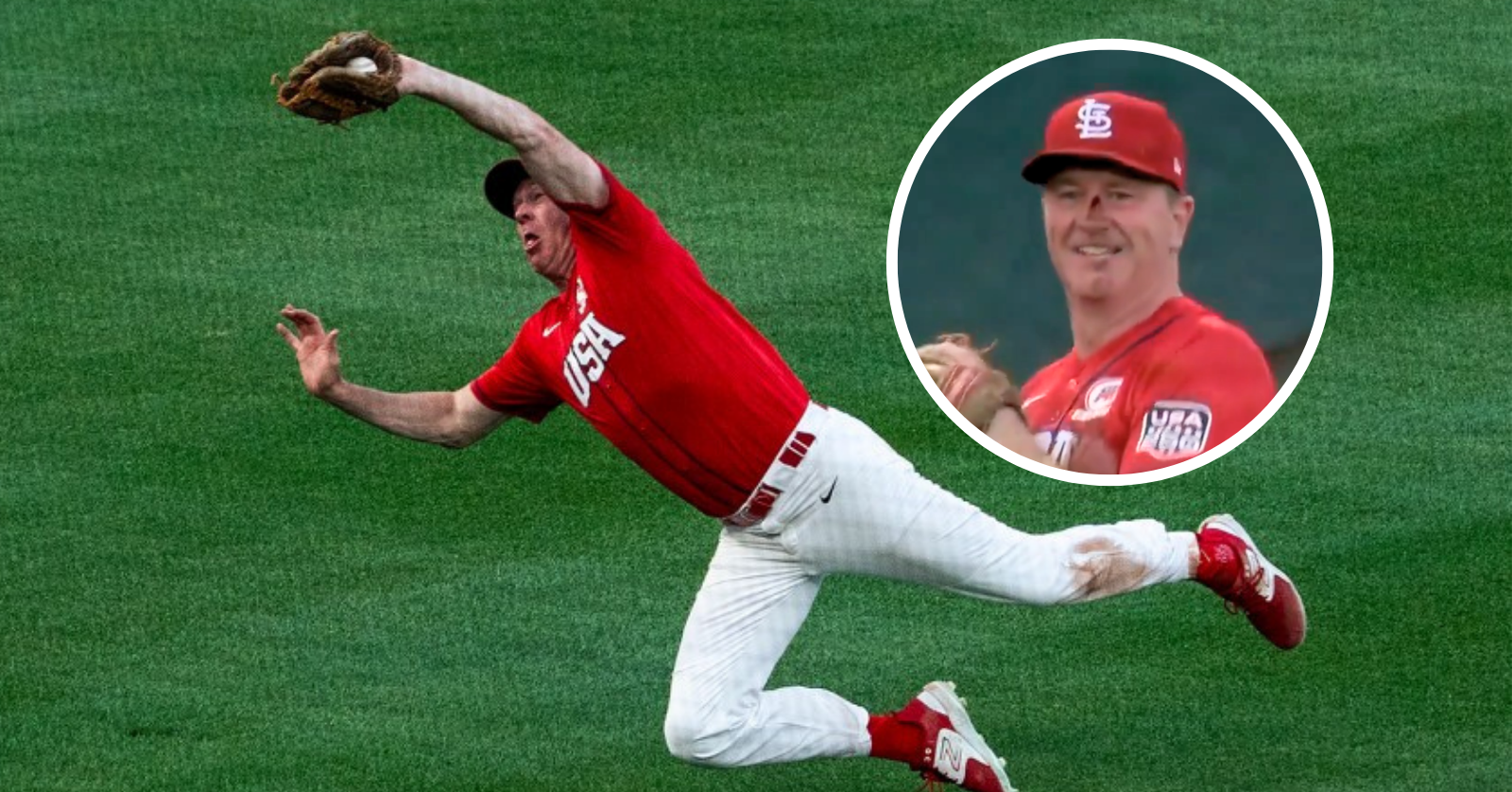 Sen. Eric Schmitt dives for a catch at the Congressional Baseball Game