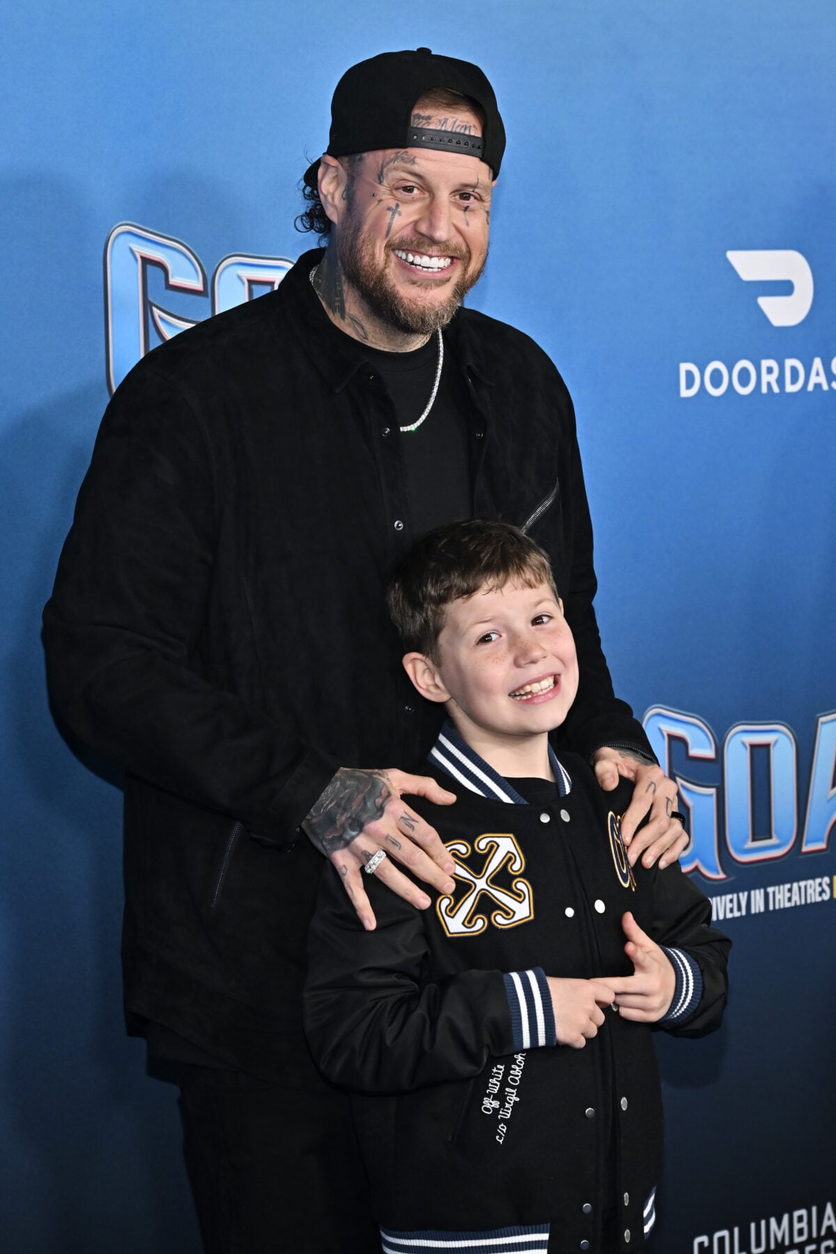 Jelly Roll with his son Noah Buddy at Los Angeles premiere for the movie Goat