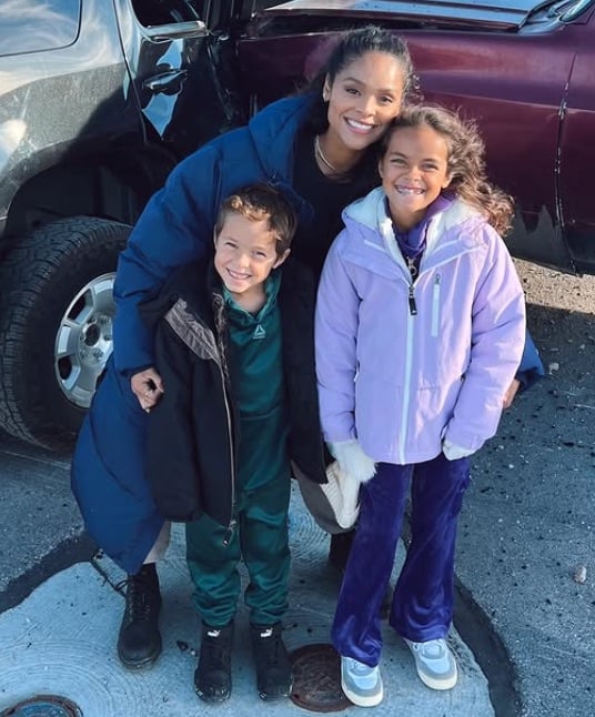 Ash Santos with her children, Lawson and Connor, on 'Marshals' set 