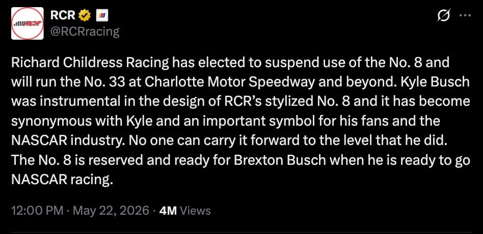 Richard Childress Racing suspends the use of the #8 until Brexton Busch is ready to use it