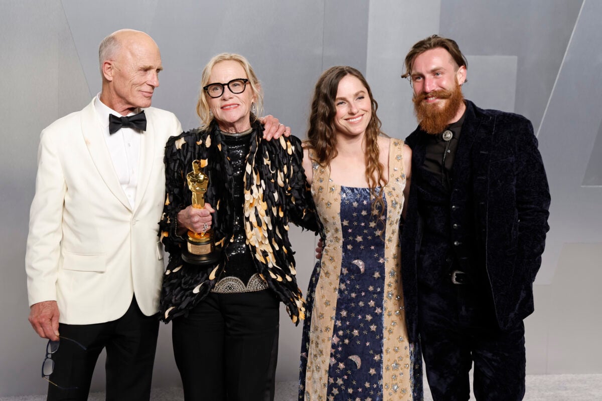 LOS ANGELES, CALIFORNIA - MARCH 15: (L-R) Ed Harris, Amy Madigan, Lily Dolores Harris and her husband attend the 2026 Vanity Fair Oscar Party hosted by Mark Guiducci at Los Angeles County Museum of Art on March 15, 2026 in Los Angeles, California.