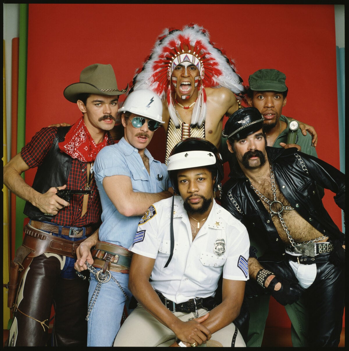 Portrait of the original members of the American disco group The Village People, from left to right: Randy Jones (the cowboy); David Hodo (the construction worker); Felipe Rose (the American Indian); Victor Willis (the cop); Glenn Hughes (the leatherman) and Alexander Briley (the G.I.).