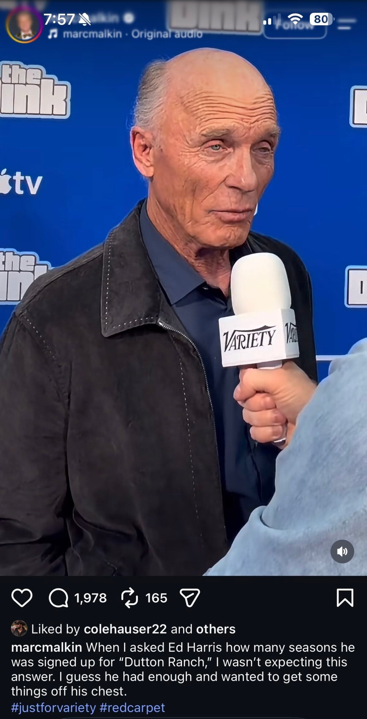Cole Hauser "likes" Ed Harris' interview about being displeased with Season 1 of Dutton Ranch